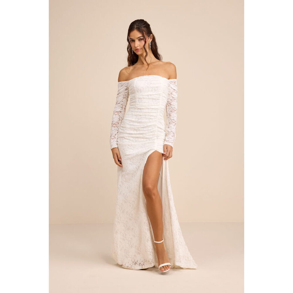 Lulu's White Off-Shoulder Lace Maxi Dress with Thigh Slit